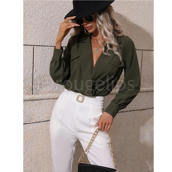 Army Green Bodysuit V-Neck Surplice Long Sleeve Buttoned Pockets - Picture 6 of 9